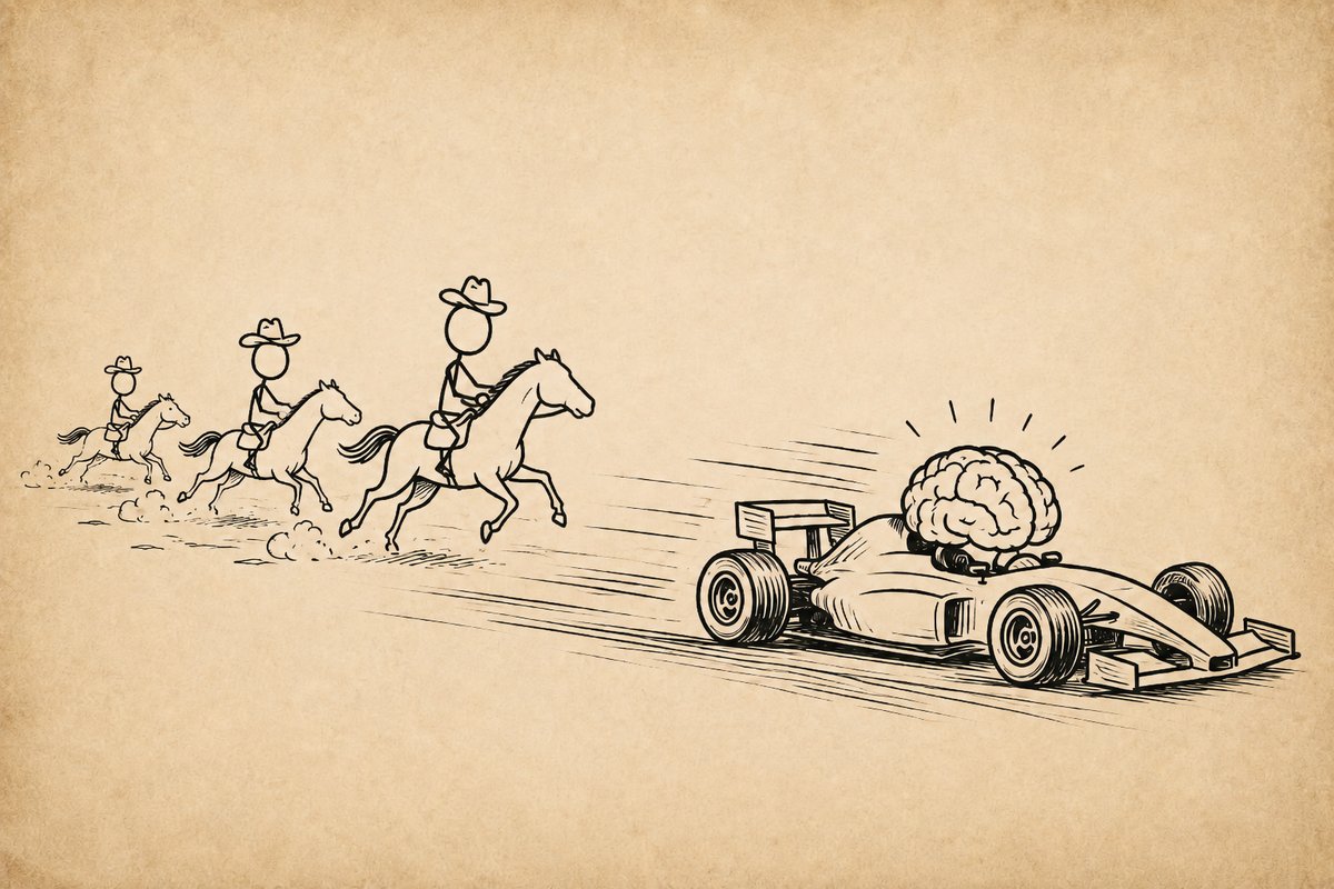Riders on horseback trailing far behind a brain driving a race car
